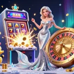 Experience the thrill of hitclub gaming with a glamorous scene featuring slots and roulette.