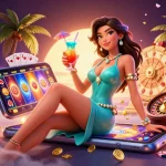 Engage in HITCLUB's vibrant online gaming with an Asian beauty enjoying a cocktail amidst dynamic casino elements.