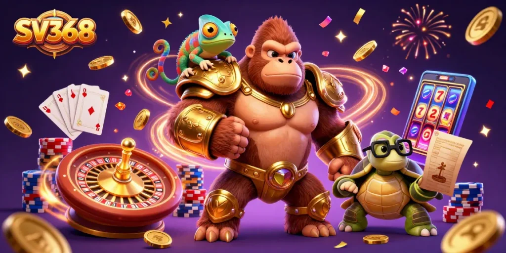 Spin your way to fortune with SV368's vibrant gaming illustration featuring exciting casino elements.
