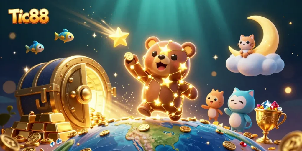 Tic88 brings thrilling online casino experiences with constellation-inspired characters and dynamic gold elements.