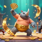 Watch the EE88 rhinoceros beetle champion stomp and send coins flying in this vibrant casino scene.
