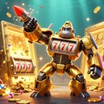 S666 showcases a powerful golden gorilla mech smashing coins, depicting vibrant casino excitement.