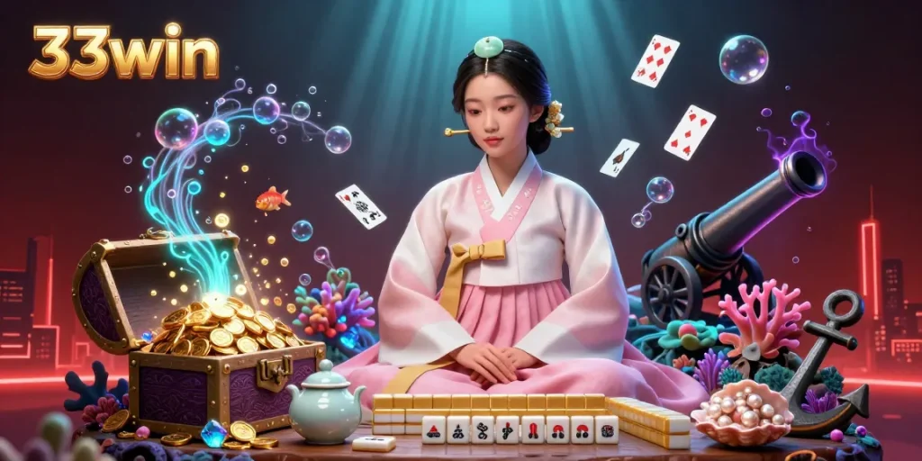 Experience thrilling 33win gaming with a serene character featuring mahjong, gold coins, and vibrant casino elements.