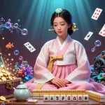 Experience thrilling 33win gaming with a serene character featuring mahjong, gold coins, and vibrant casino elements.