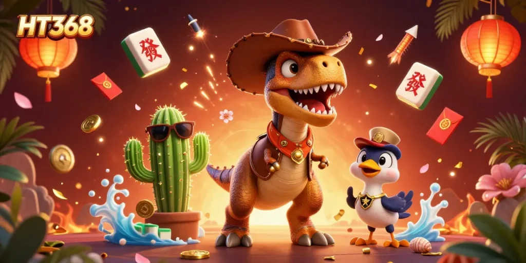 HT368 brings excitement with a T-Rex, cactus, and roadrunner in a vibrant casino scene.