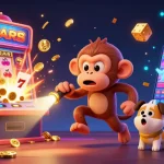 Engage with vn168's golden gaming adventures as a playful monkey juggles casino treasures.