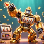 Engage with 33Win's immersive gaming visuals featuring a golden gorilla mech bursting with excitement.