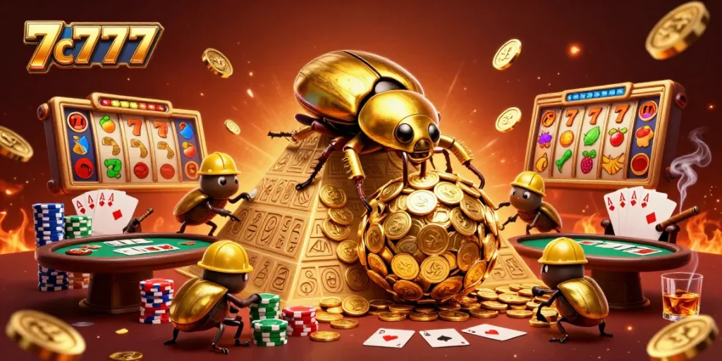 Experience thrilling slots at 7c777 with vibrant imagery of golden coins and casino excitement.