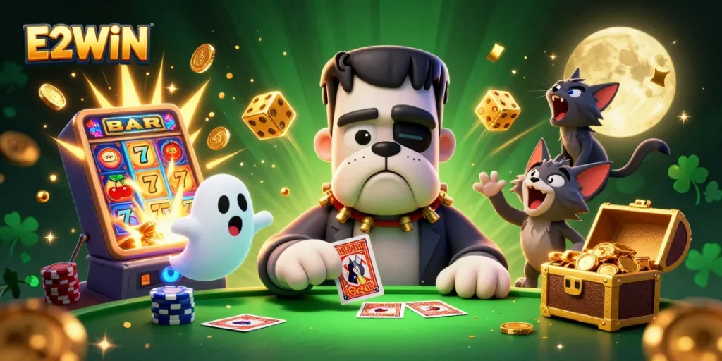 E2WIN showcases a thrilling 3D casino scene with a cartoon bulldog dealer and a glowing jackpot.