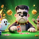 E2WIN showcases a thrilling 3D casino scene with a cartoon bulldog dealer and a glowing jackpot.