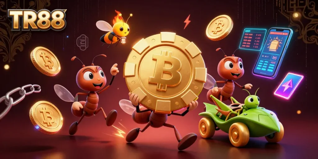 Experience exciting gaming at TR88 with ants carrying a giant poker chip, vibrant crypto elements.