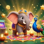 Engage with exciting slot games at z188 com featuring a vibrant elephant and peacock theme in a dazzling digital illustration.
