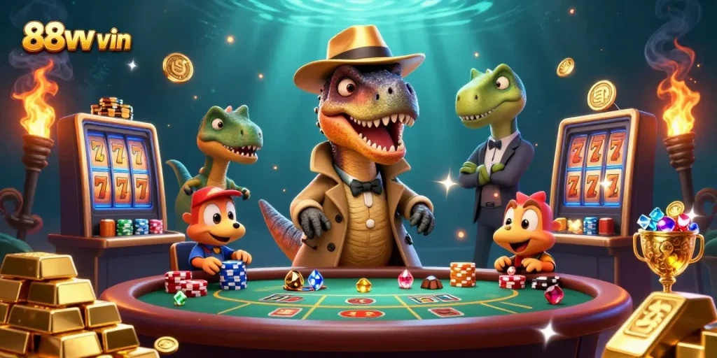 Experience thrilling gaming action at 88vv vin with a velociraptor card counter in a vibrant casino scene.