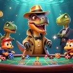 Experience thrilling gaming action at 88vv vin with a velociraptor card counter in a vibrant casino scene.