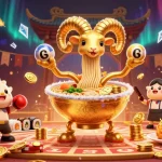 xổ số rr88 showcases a vibrant scene with a golden ramen bowl dealer engaged in an exciting lottery game.