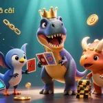 Engage with the lively scene showcasing ee88 – nhà cái, featuring a T-Rex shuffled cards with a baby triceratops stacking chips surrounded by glowing crypto elements.