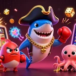 Engage with OKFUN and win big at the exciting casino themed scene featuring vibrant slot machines and playful sea characters.
