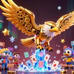 Engage in immersive gaming at TR88 with vibrant holographic cards and a dynamic golden eagle.