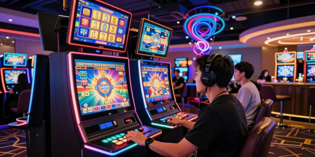 Exciting gaming environment showcasing situs slot terpercaya with a player at a vibrant slot machine surrounded by colorful lights and digital displays.