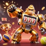 Experience fly88 chính thức with an exciting 3D illustration featuring a golden gorilla mech in dynamic action.