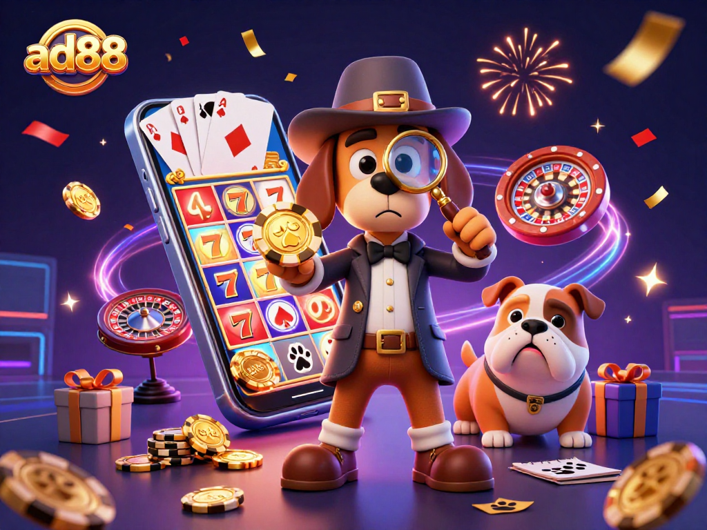 Play video slots with ad88 as the detective reveals hidden treasures in a dynamic gaming scene.