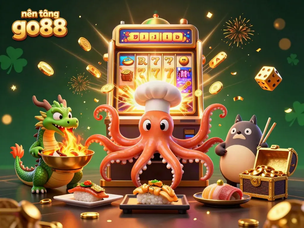 Experience the vibrant atmosphere of nền tảng go88 with a whimsical 3D scene featuring cartoon characters preparing dishes amid dynamic casino elements.