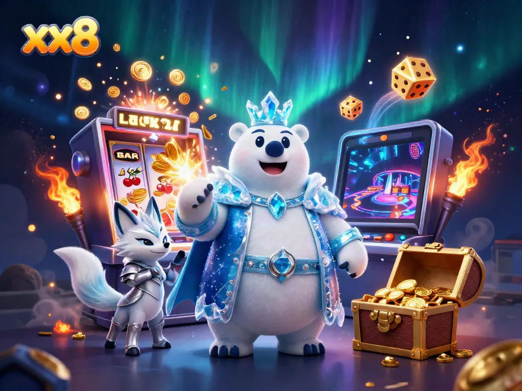 Experience thrilling jackpots at xx8 with a 3D cartoon ice king polar bear and snow fox surrounded by vibrant gaming elements.