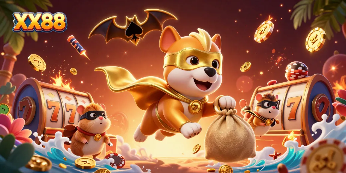 Engage with XX88's thrilling adventures, where a superhero dog and hamster celebrate wins amidst dazzling casino elements.