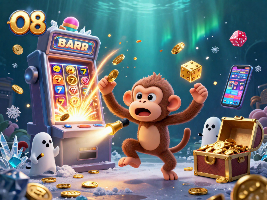 O8 engages players with an exciting jackpot scene featuring a playful monkey and a ghost-hunter puppy.
