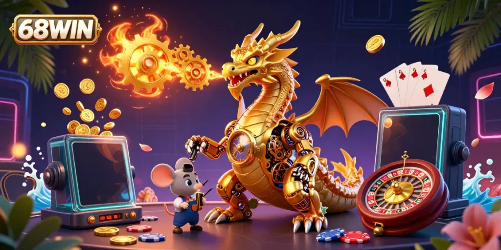 Engage with 68WIN's thrilling golden dragon and vibrant gaming scene showcasing exciting casino elements.