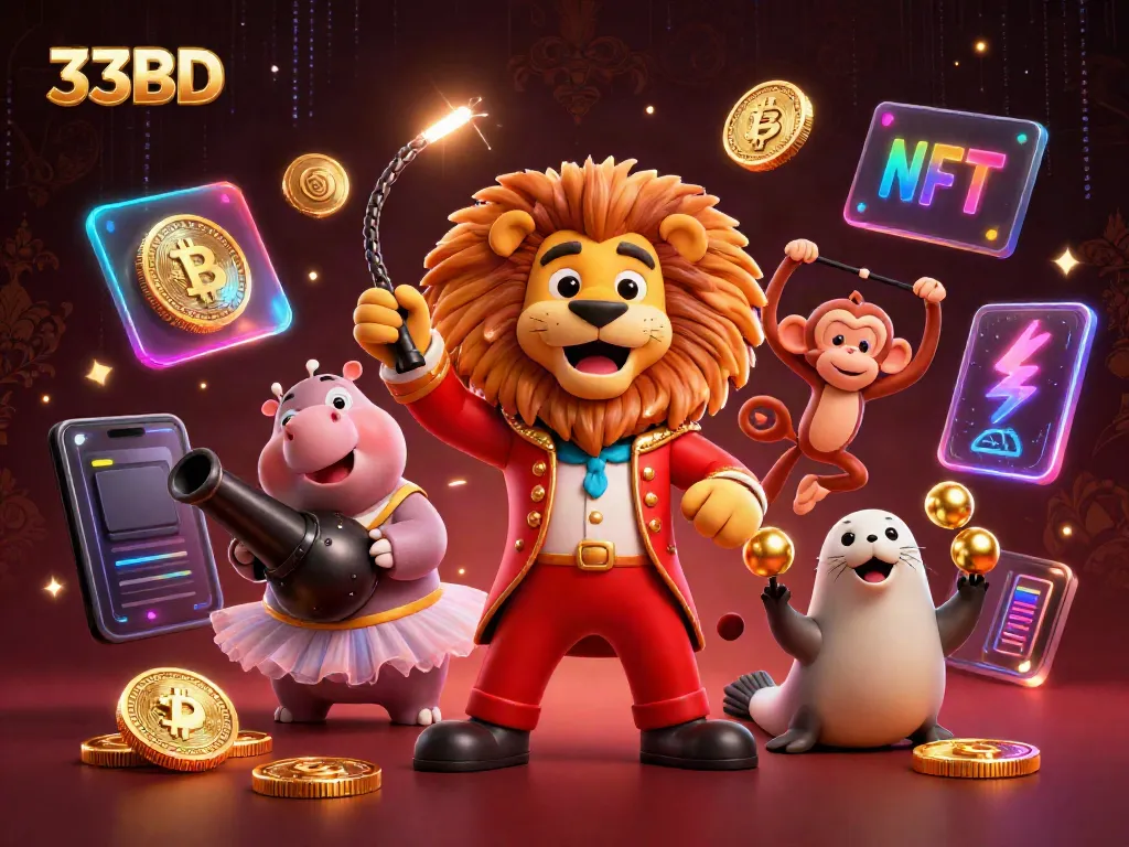 Engage with the dynamic atmosphere of 33BD featuring cartoon characters and crypto elements in a vibrant casino scene.