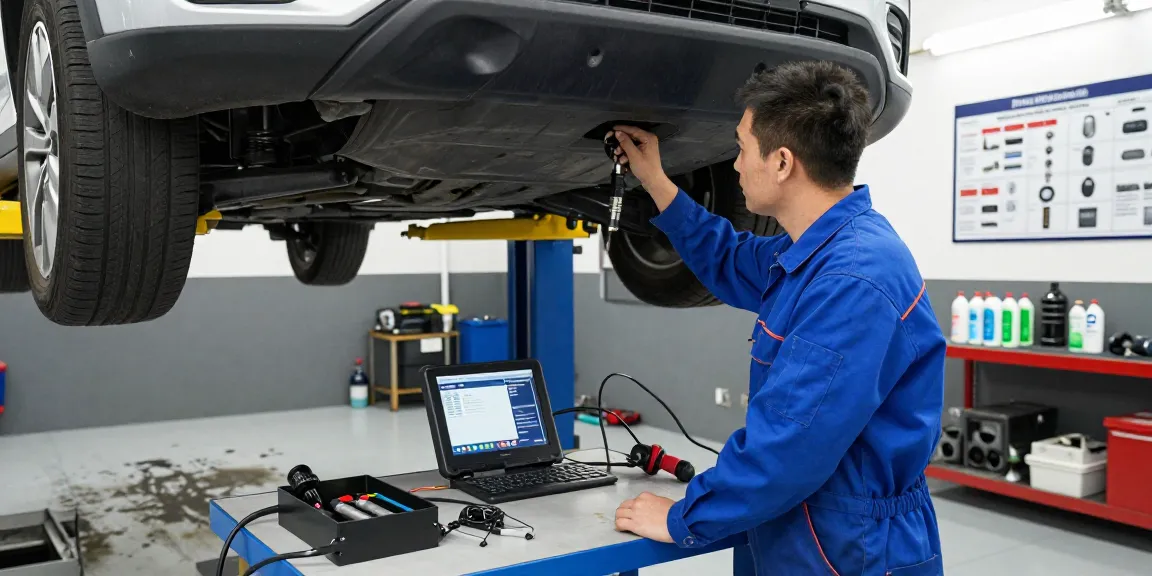 Professionelle DPF Reinigung in Hannover durch Mechaniker in Werkstatt bei Fahrzeuguntersuchung.