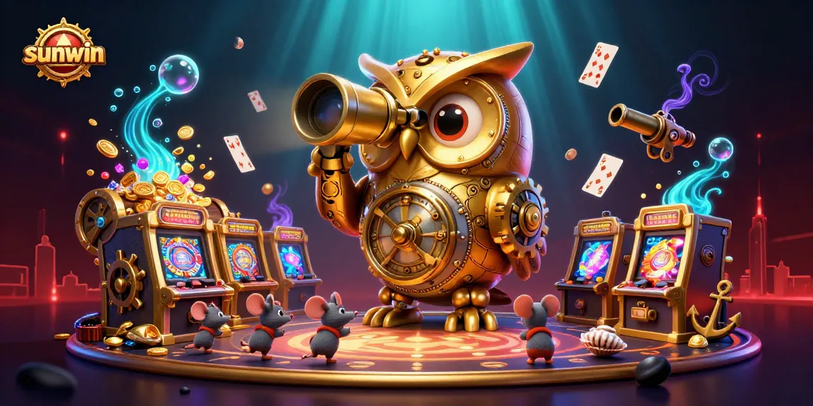 Engage at Sunwin's casino with vibrant 3D visuals of game excitement, featuring unique characters amidst dazzling elements.