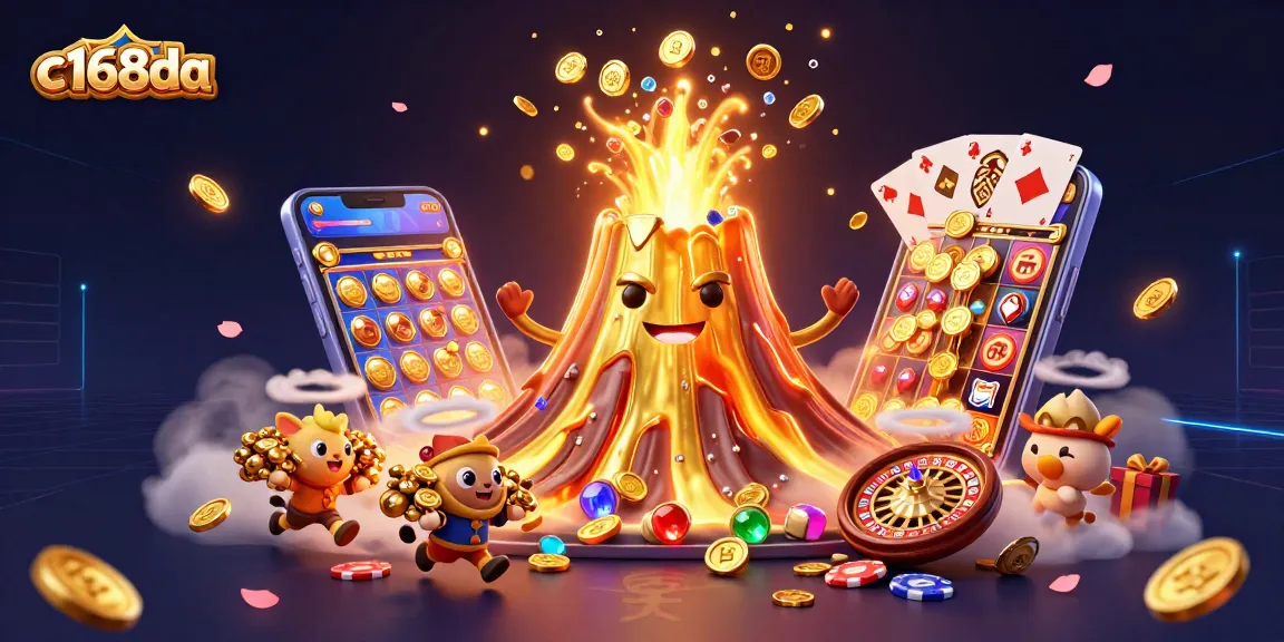c168da casino illustration featuring a golden volcano erupting coins with smartphone gaming elements.