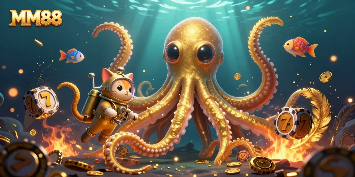 Experience thrilling gameplay with MM88's dynamic ocean casino scene featuring a grand kraken and vibrant characters.