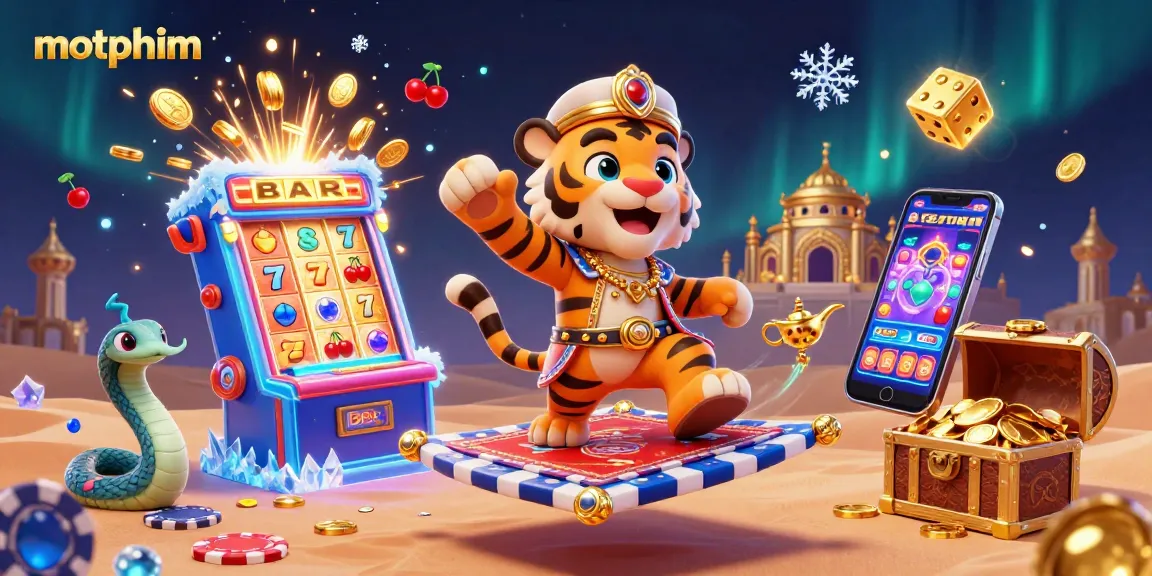 Play thrilling casino games like motphim while a tiger sultan and genie celebrate with jackpots!