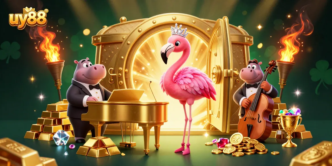 Experience excitement with uy88 as the flamingo singer and hippo bassist perform amidst treasures in a dynamic casino scene.