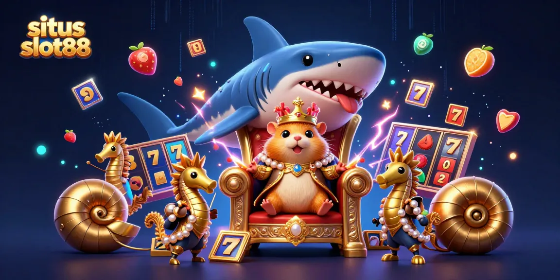 Situs slot88 shines as the golden hamster king rules a casino kingdom filled with colorful slot elements and vibrant energy.