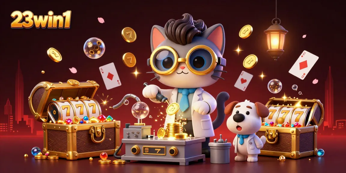 Win big with 23win1 in this dynamic 3D scene featuring thrilling casino elements and characters.