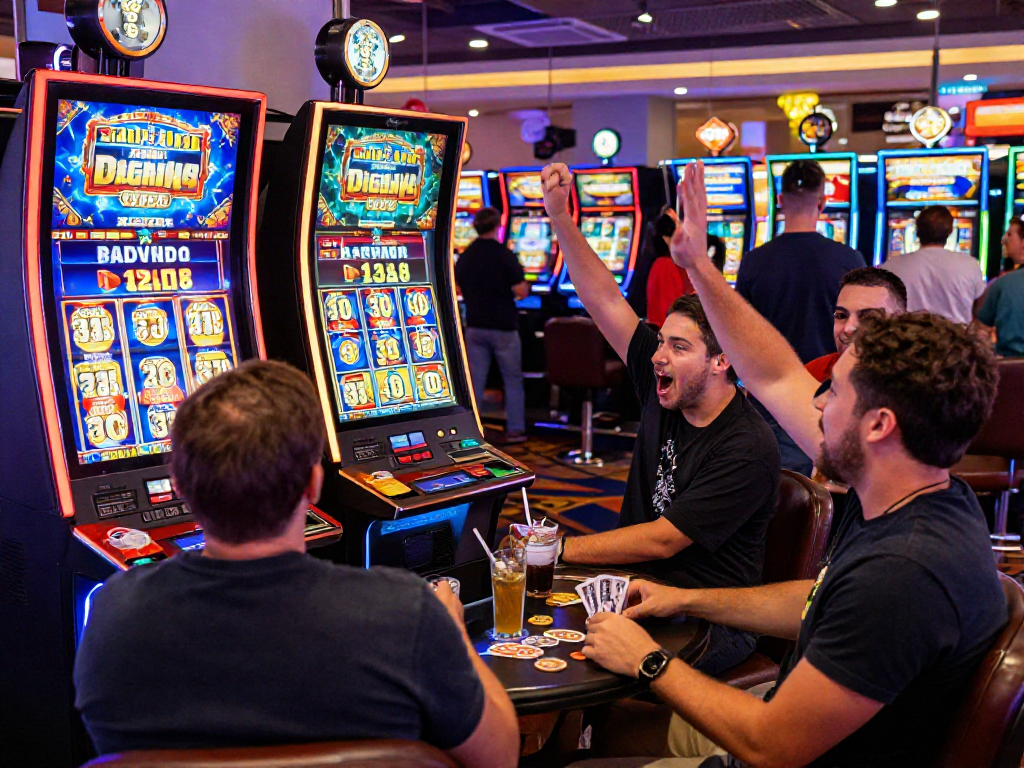 Excited players celebrating wins at a vibrant slot machine area, embodying the thrill of the slot jackpot.
