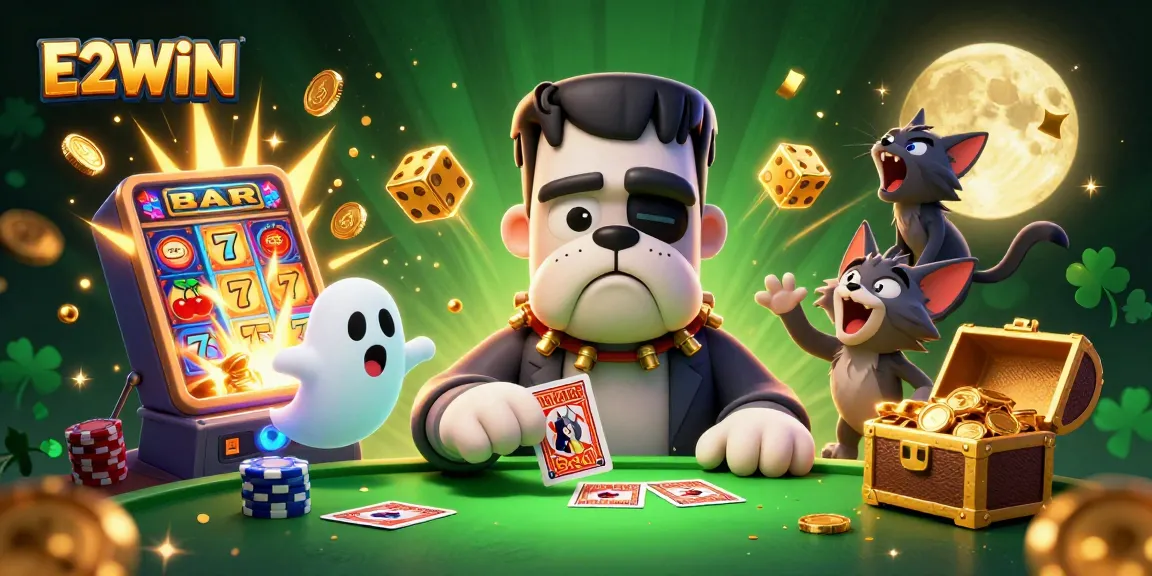 E2WIN showcases a thrilling 3D casino scene with a cartoon bulldog dealer and a glowing jackpot.
