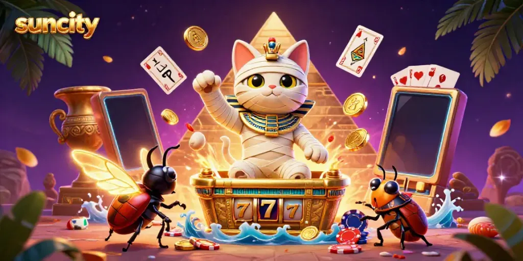 Suncity presents a vibrant 3D scene of an Egyptian mummy cat in a casino with floating slot game elements and golden coins.