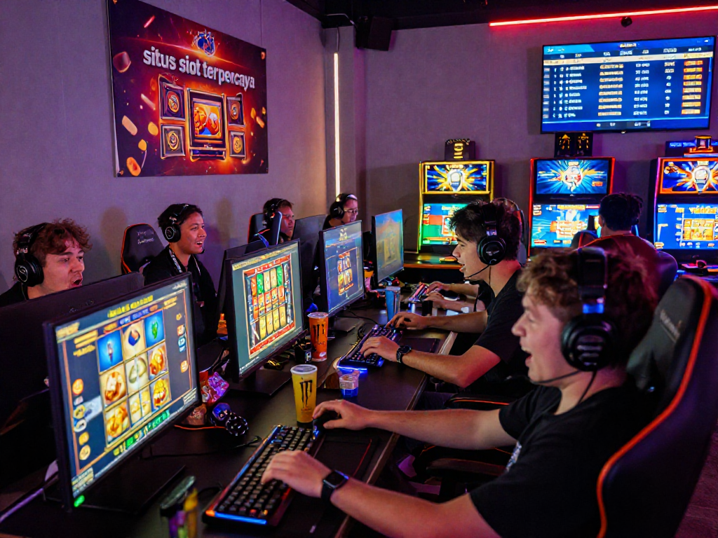 Exciting gaming moment at situs slot terpercaya, showcasing players engaged with vibrant slot machines in a lively environment.