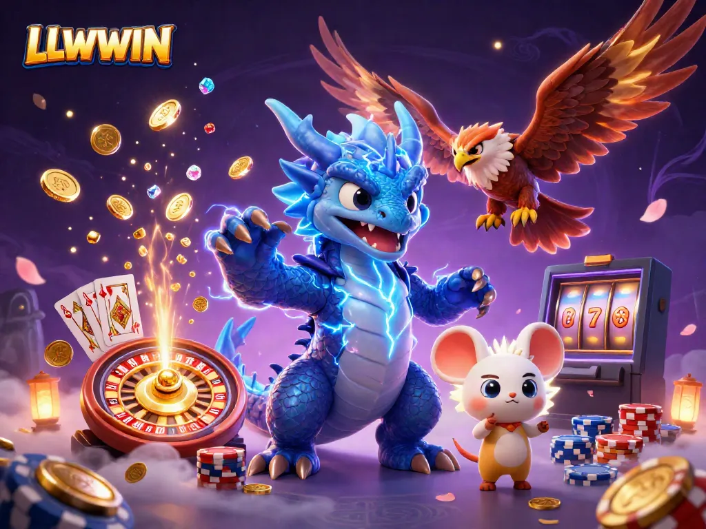 Unleash LLWWIN's thrill capturing lightning dragon amidst golden coins and vibrant casino elements.