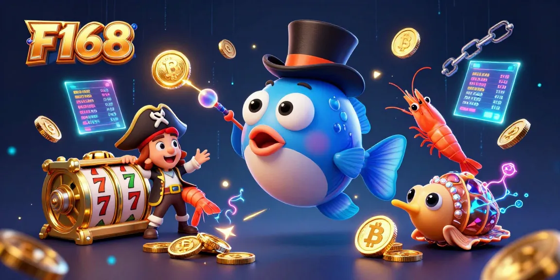 F168 showcases thrilling jackpot action with golden coins, slot reels, and vibrant characters.