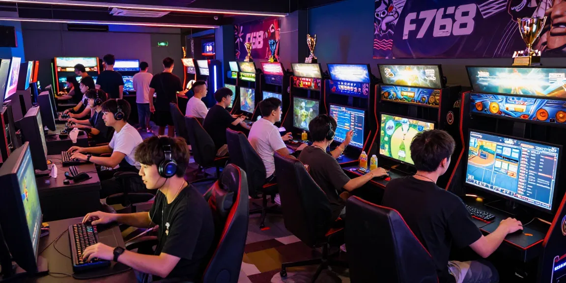 Players immersed in competitive gaming at the F168 arcade event with vibrant atmosphere and trophies on display.