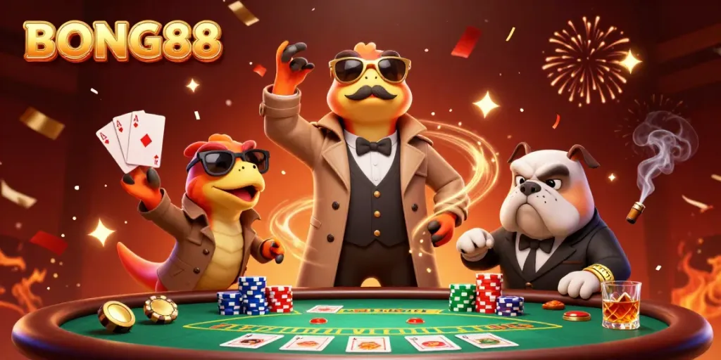 BONG88 raptors disguised in a trench coat entering a VIP lounge with vibrant casino elements.