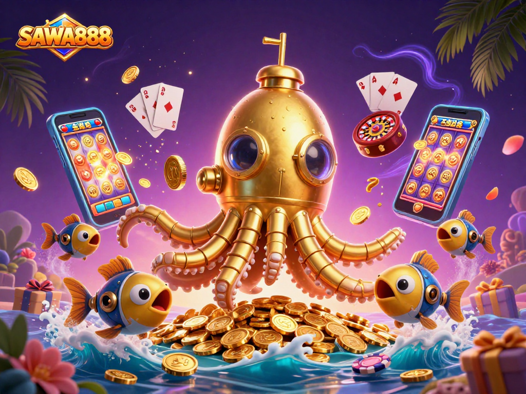 SAWA888 showcases a vibrant 3D scene with a golden kraken submarine, slot games, and coins soaring.