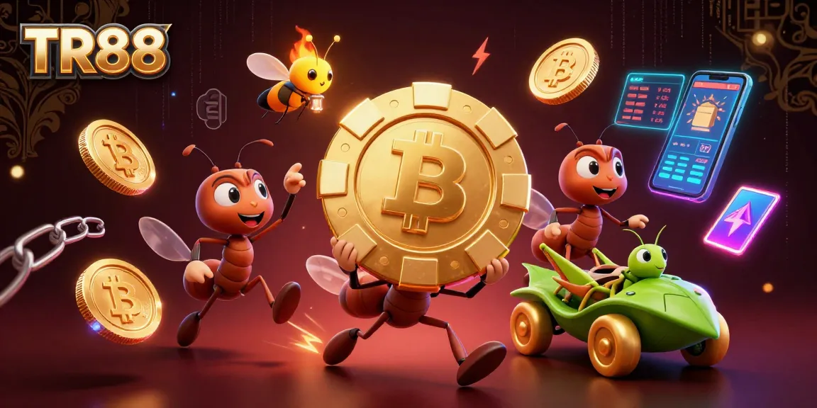 Experience exciting gaming at TR88 with ants carrying a giant poker chip, vibrant crypto elements.