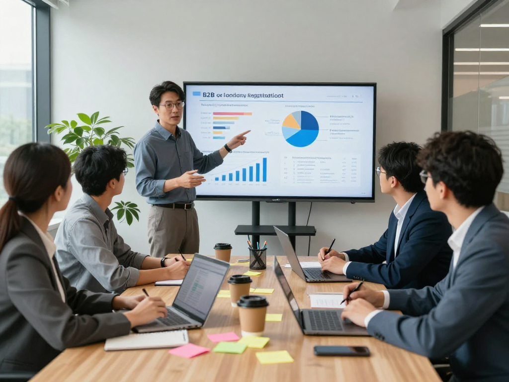 Wissen / Blog-Hub in einem modernen Büro, Team diskutiert über DSGVO-konforme B2B-Leads.